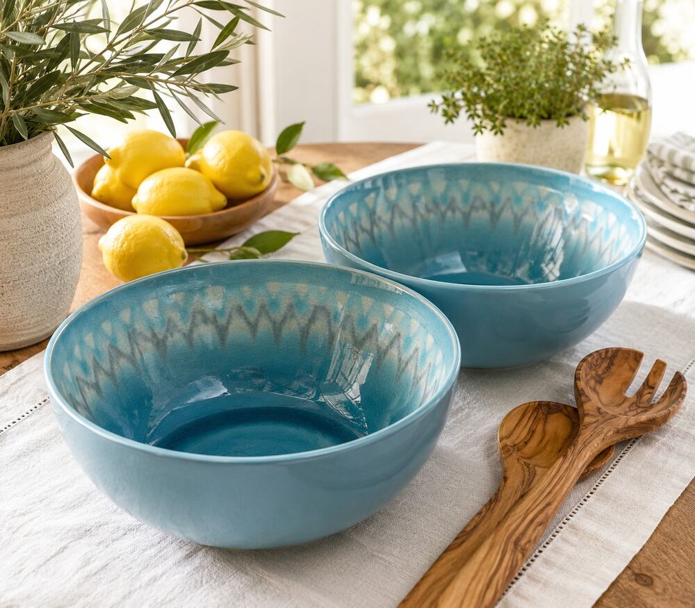 Baum Shibori Blue Stoneware Serving Bowl Set of 2 Aqua Crackle Glaze